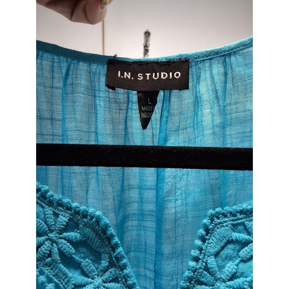 IN Studio Womens Turquoise Crochet V-Neck Tie Front Bell Sleeve Blouse Large - Picture 4 of 6